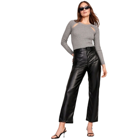 Old Navy Wide Leg Pants Black Faux Leather High Rise Chino Crop Petite 8P - Picture 2 of 7